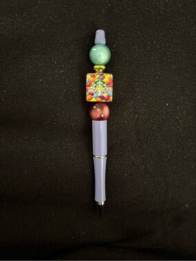Beaded Decorative jelly Bean Jar Pen. Lavender, Teal, Red bead on dark blue pen.